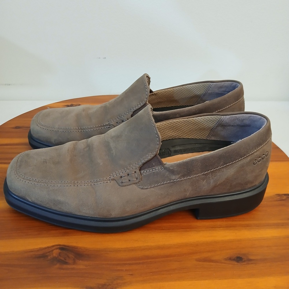 ECCO Helsinki 2 Slip‎ On Loafers Mens 8.5 Brown Nubuck Shoes Apron Toe Dress